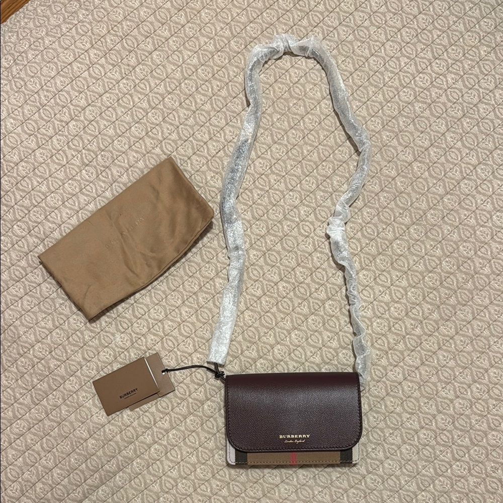 Burberry Burgundy Leather & Vintage Check Mini Crossbody - Picture 13 of 13
